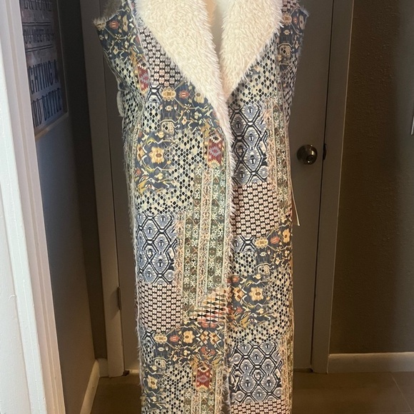 Boho suede patchwork reversible coat vest duster by Paparazzi Biz Sherpa lining - Picture 13 of 16